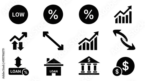 Vector Icon Sheet Featuring Finance and Economy Symbols with Arrows and Graphs
