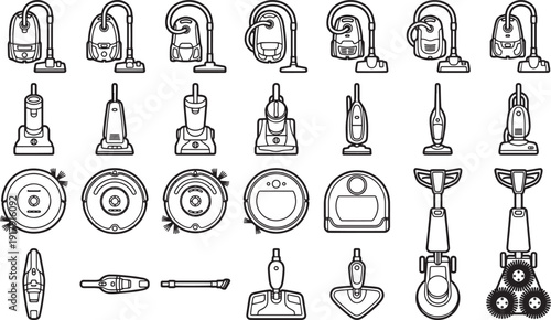 A detailed illustration of multiple vacuum cleaner models.