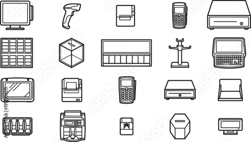 A collection of modern electronic point-of-sale(POS) systems, displayed in monochrome. 