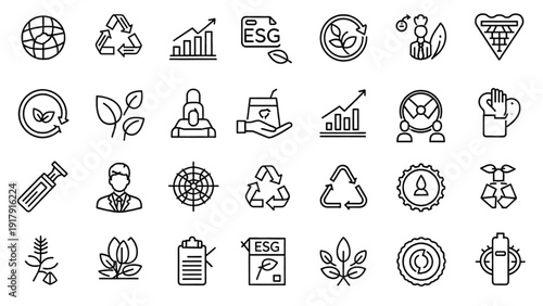 Collection of Vector Icon Sheet Representing Sustainability and Eco-Friendly Concepts in Modern Lifestyle