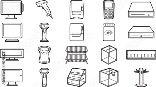 An array of line art illustrations, providing a collection of essential technological and business tools, each meticulously drawn. 