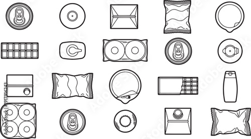 An assortment of various product packaging arranged neatly, offering a bird's-eye view, each item carefully drawn with clean lines.