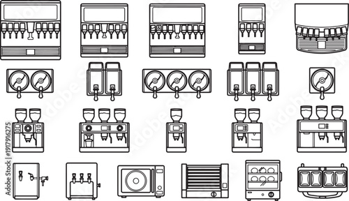 A selection of the equipment is essential for operating a business. This illustration showcases a variety of professional equipment, perfect for culinary and business environments.