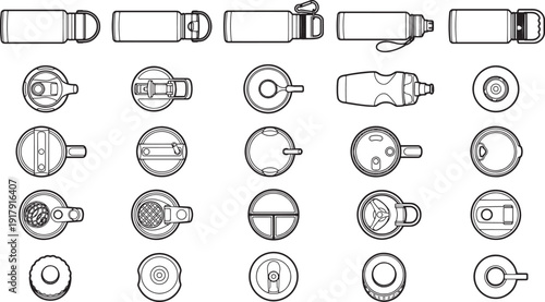 A selection of functional water bottle caps, showcasing various design of bottle in a detailed, clean, and top-down view, useful for product design or cataloging.
