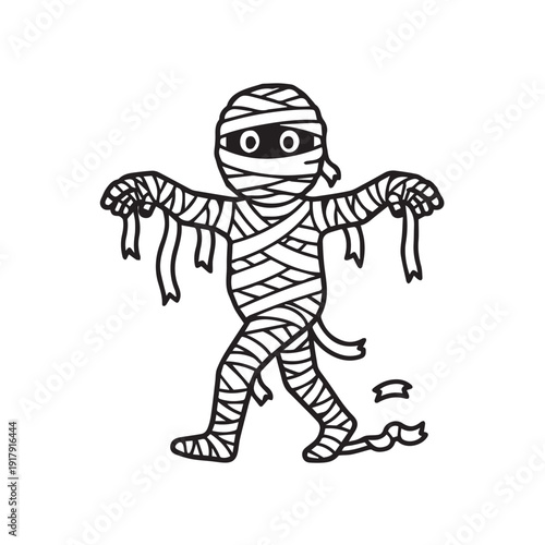 Funny cartoon mummy character with loose bandages, perfect for Halloween-themed designs and children's content.