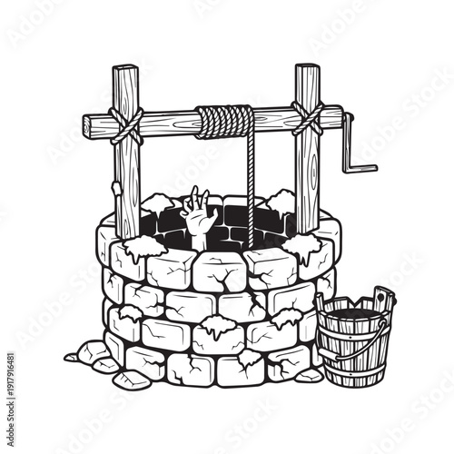 Illustration of an old stone well with a hand reaching out, symbolizing mystery, danger, and folklore.