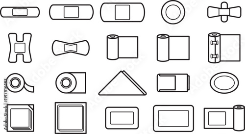 A collection of various adhesive bandages, a symbol of care and remedy. The image is a carefully assembled array of different shapes and types, essential medical supplies.