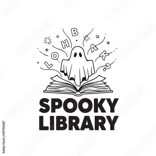 Ghost emerging from an open book, surrounded by floating letters, representing a spooky library or literacy theme.