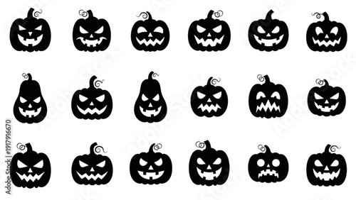 Collection of various Halloween pumpkin faces in a Vector Icon Sheet format