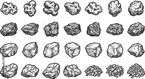 An artistic collection of different rock and stone shapes. a detailed black and white illustration of different stones and rocks.