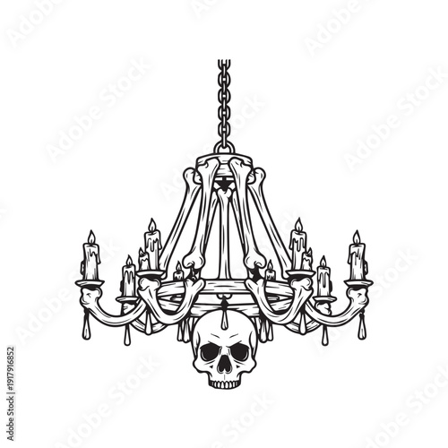 Gothic chandelier made of bones and skulls, with dripping candles for a terrifying ambiance.