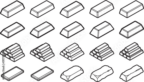 Illustrative visualization of various gold bar with different styles. It is a visual representation for financial investment. The bars vary in size, shape.