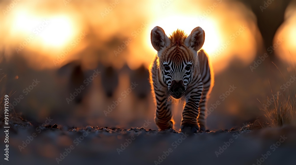 Obraz premium Young zebra foal standing on dusty ground during golden hour sunset with warm bokeh lights creating magical wildlife photography atmosphere in African savanna.
