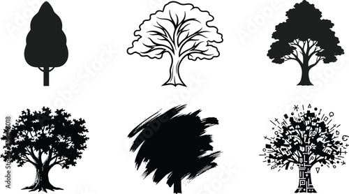 Black and white tree illustration set with varied styles, from minimalist silhouettes to abstract and conceptual designs, nature art collection