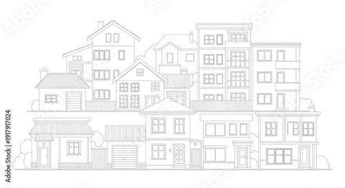 Detailed illustration of a row of houses with varying architectural styles.
