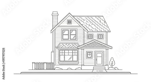 Detailed line drawing of a two-story house with a garden and fence.
