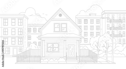 Simple house with a fenced yard and apartment buildings in the background.