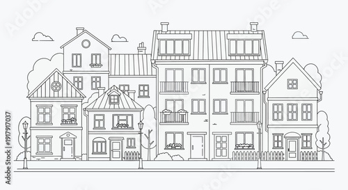 Detailed line drawing of a row of European-style houses with multiple stories and varied architectural details.