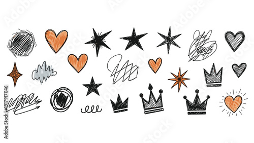 Hand drawn doodle elements including hearts stars crowns and scribbles in black and orange colors on white background.