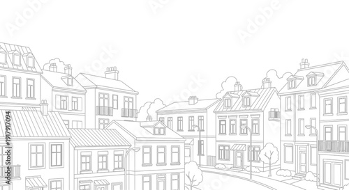 Detailed line drawing of a quaint European town street with traditional houses.