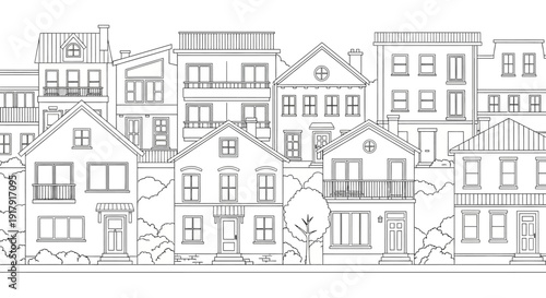 Detailed black and white illustration of a suburban neighborhood with various houses and buildings.
