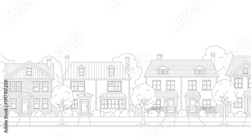 Simple line drawing of a row of houses with trees in front.