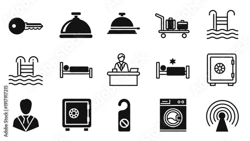 Vector Icon Sheet Illustrating Hotel Services and Amenities from a Guest's Perspective