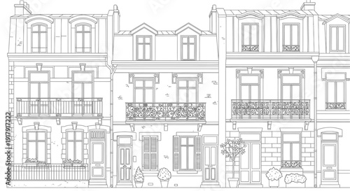 Detailed line drawing of three European style buildings with ornate facades and balconies.