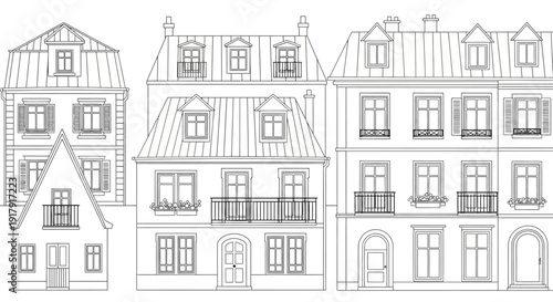 Detailed line drawing of European style buildings with multiple stories and architectural features.