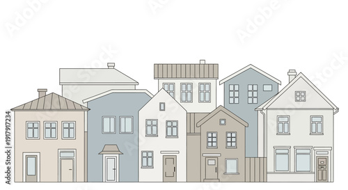 Illustration of a row of colorful houses with varying architectural styles.
