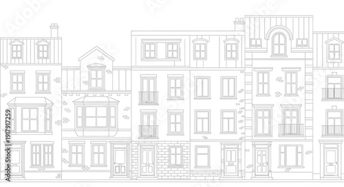 Detailed line drawing of a row of European style buildings.