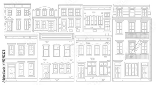 Detailed line drawing of multiple European style buildings.