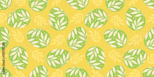 Seamless pattern with green Easter eggs decorated with botanical leaves. Fresh spring design for themed packaging, textiles, wrapping paper, and seasonal backgrounds