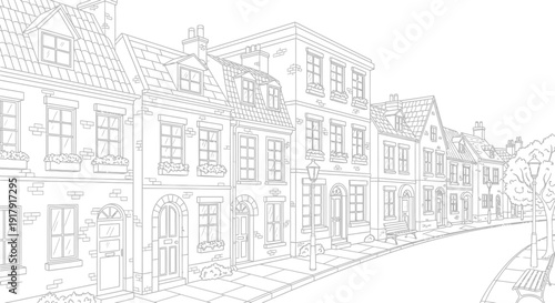 Detailed line drawing of a quaint European street with historic buildings.