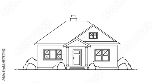 Simple black and white line drawing of a house with a gable roof and chimney.