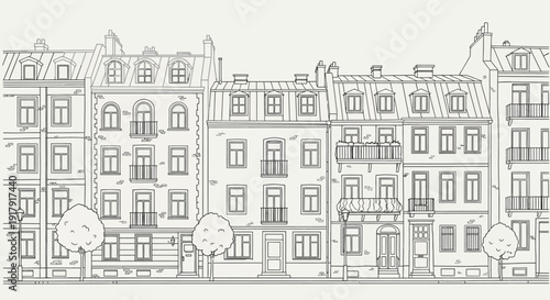 Detailed illustration of row of European style buildings with multiple stories.