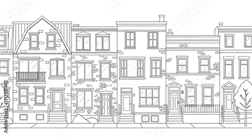 Detailed line drawing of row houses with varied architectural styles.