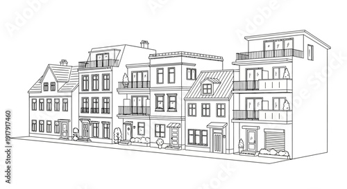 Detailed line drawing of a row of European style houses.