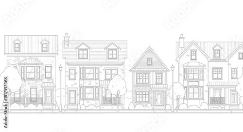 Row of traditional European style houses with varied architectural details.