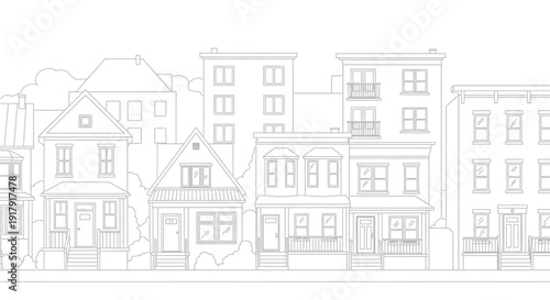 Detailed line drawing of a row of houses and buildings in a town.