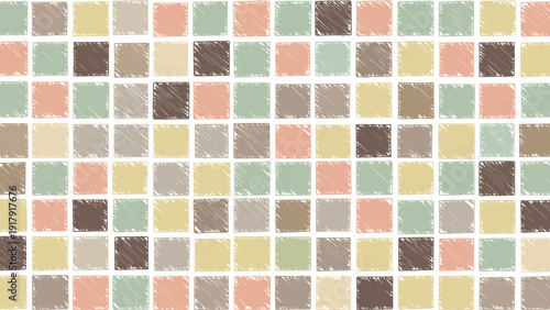 Seamless pattern composed of a grid of hand drawn colored squares with a textured scribbled appearance for modern background.