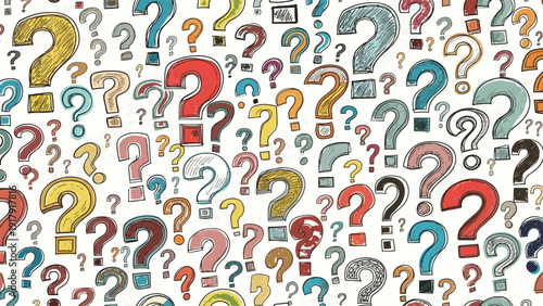 Seamless pattern of numerous hand drawn question marks in various colors styles and sizes on a light background.