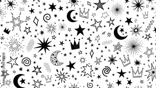 Seamless pattern featuring black hand drawn celestial elements like moons stars crowns and sunbursts on white.