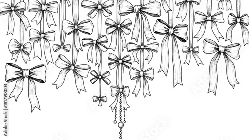 Detailed hand drawn illustration of various ribbons and bows hanging vertically with beads and decorations.