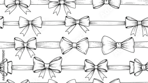 Seamless pattern featuring rows of detailed hand drawn black ink ribbons and bows on horizontal bands for decorative borders.