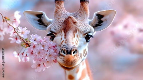 Adorable giraffe portrait with cherry blossom flowers in mouth against soft pink bokeh background. Spring wildlife photography concept for nature lovers.