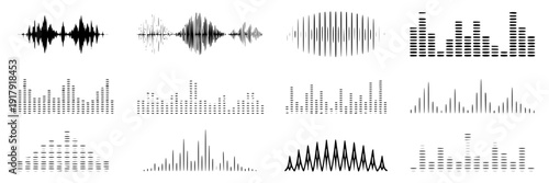 Sound waves and equalizer patterns set with various styles and frequencies for audio representation featuring frequency, music, waveform with music production elements, clean composition on simple