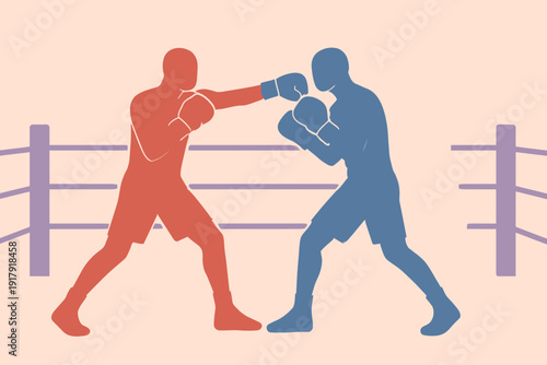 Intense Boxing Match Red vs Blue Fighters in the Ring.