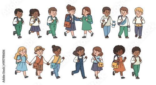 Group of diverse happy schoolchildren walking and running carrying backpacks and satchels