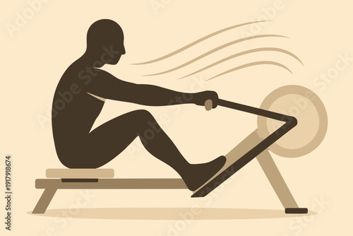 Silhouette of a man using a rowing machine for exercise.
